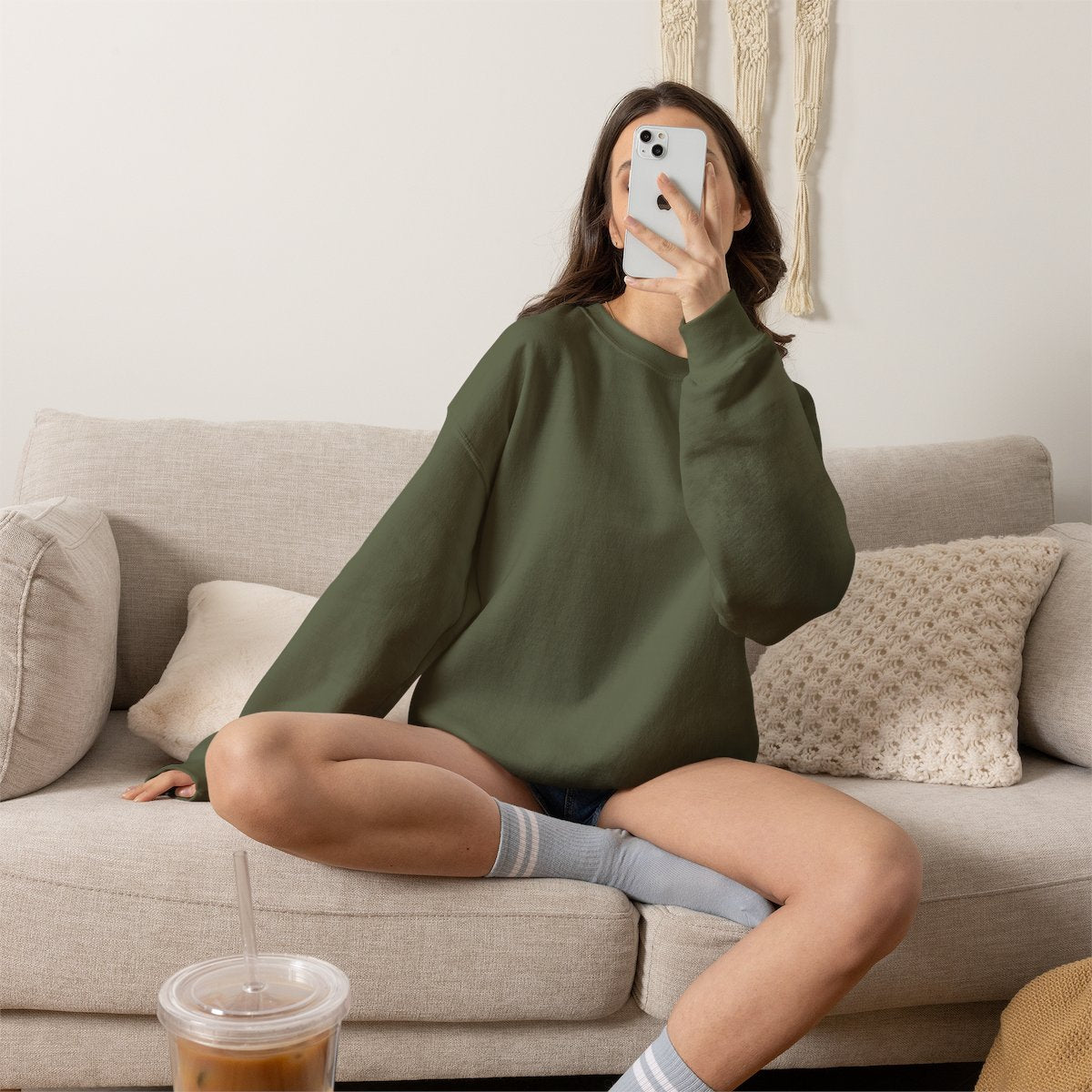Couples Thanksgiving Sweatshirt - Military Green worn by a model | MR7ART