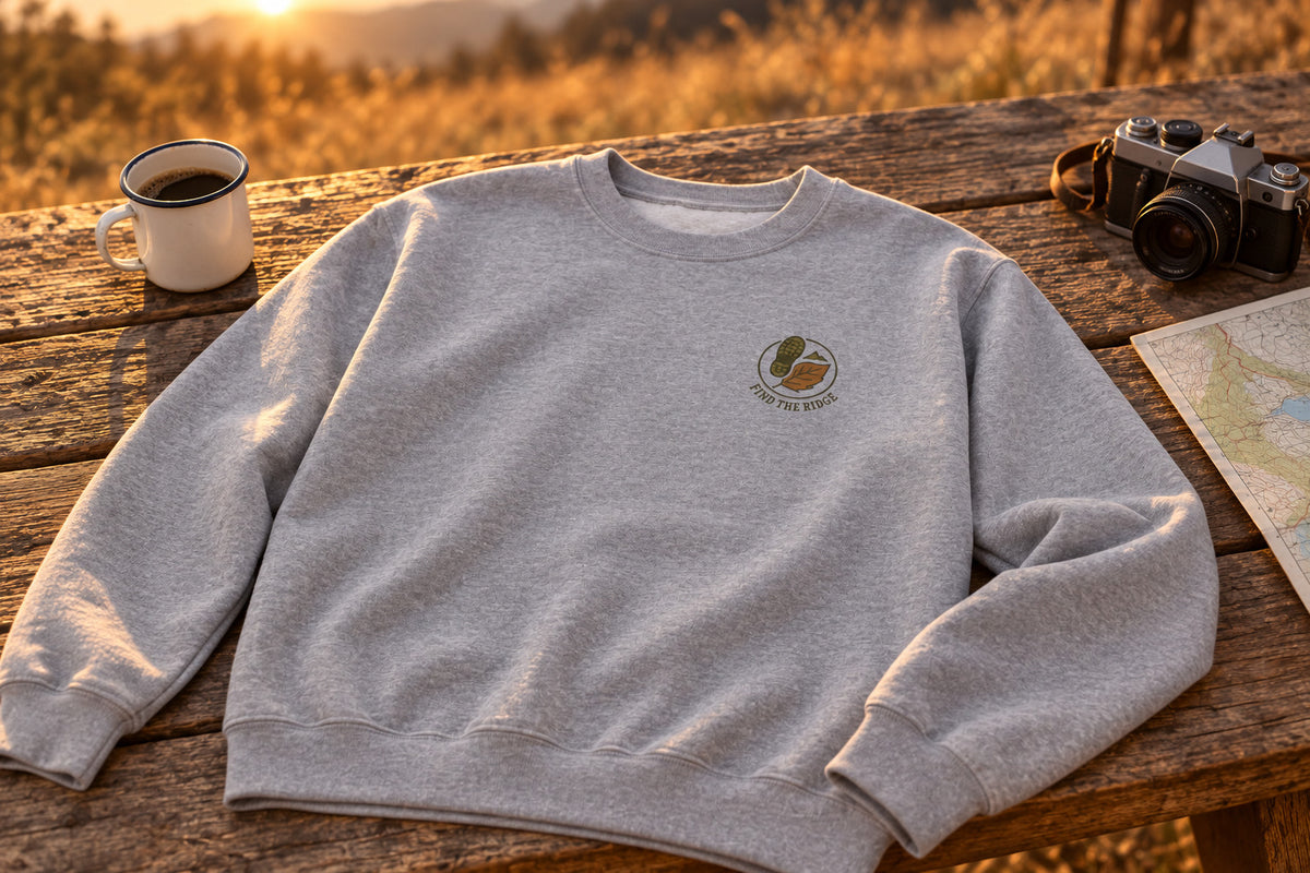 Hiking Sweatshirt - Sport Grey on a rustic wooden table | MR7ART