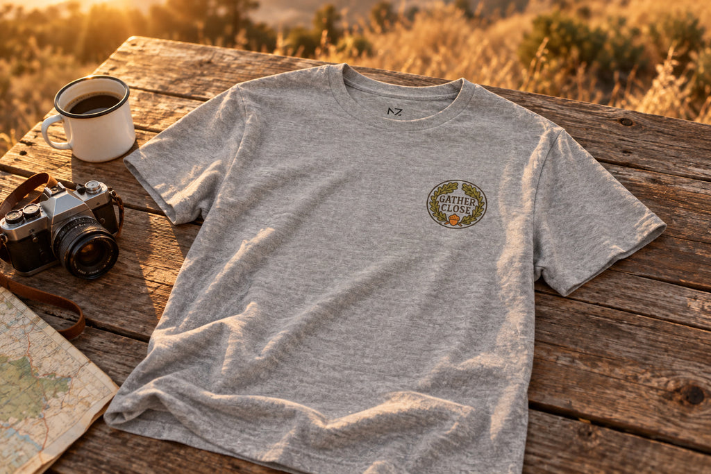 Thanksgiving Wreath Tee - Athletic Heather on a rustic wooden table | MR7ART