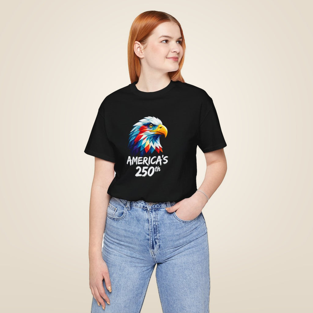Colorful Geometric Eagle America's 250th T-Shirt - Black worn by a model | MR7ART