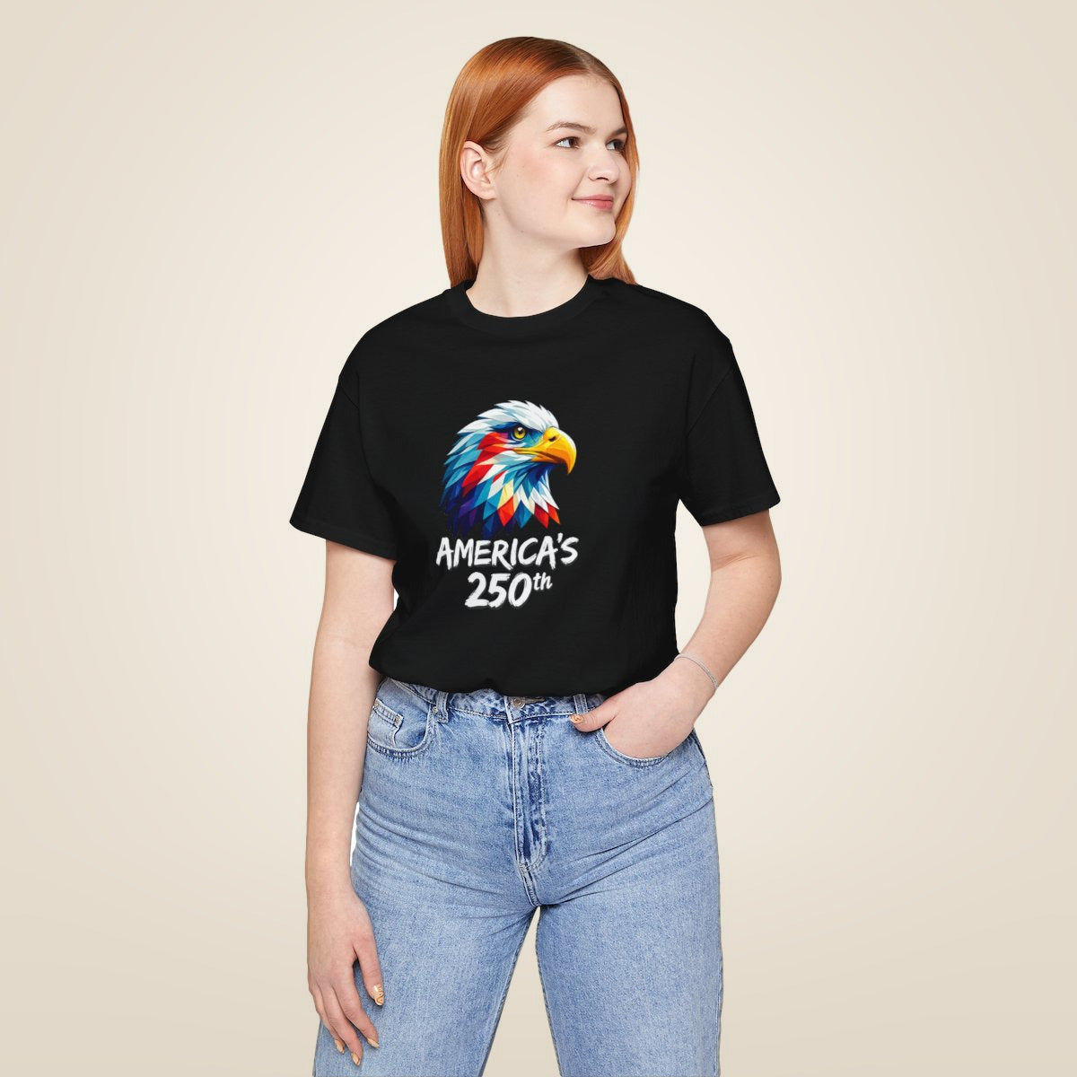Colorful Geometric Eagle America's 250th T-Shirt - Black worn by a model | MR7ART