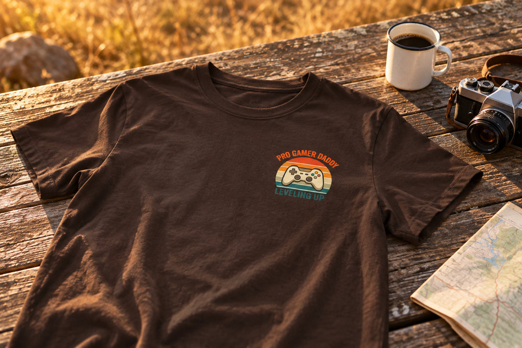 Pro Gamer Daddy Leveling Up T-Shirt - Brown on a rustic wooden table | MR7ART