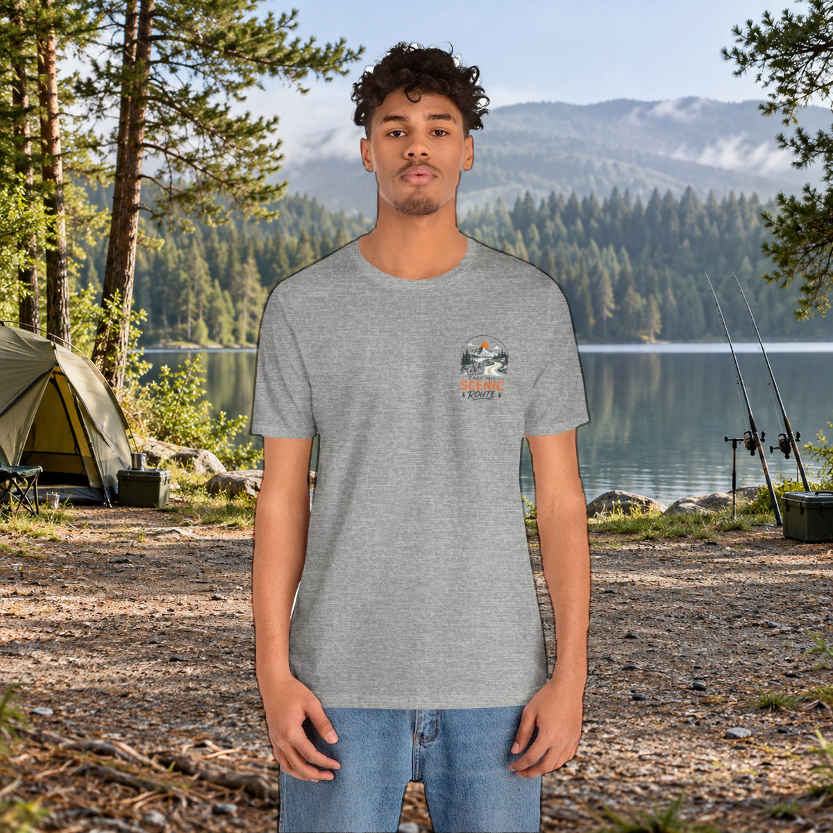 Scenic Route Graphic Tee — Vintage Road Trip Pocket Design - Athletic Heather worn by a model | MR7ART