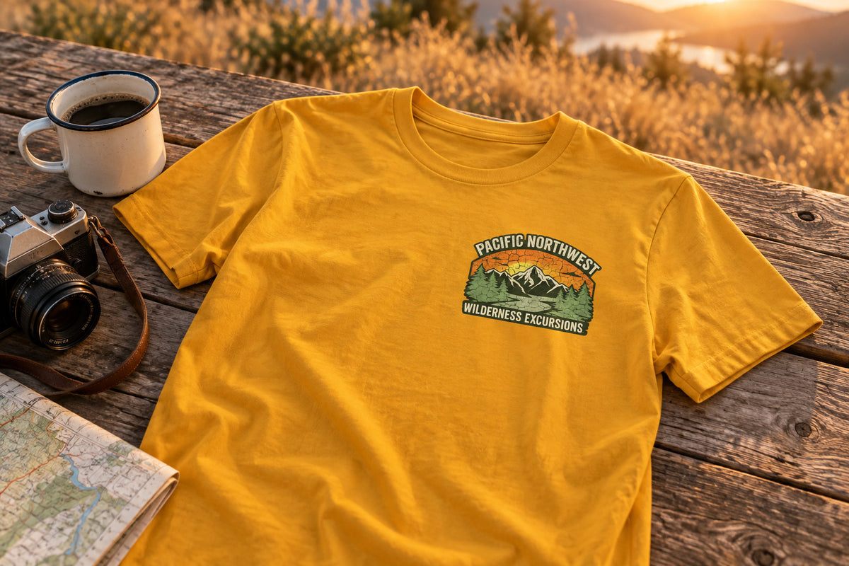 Pacific Northwest Wilderness Excursions T-Shirt - Mustard on a rustic wooden table | MR7ART