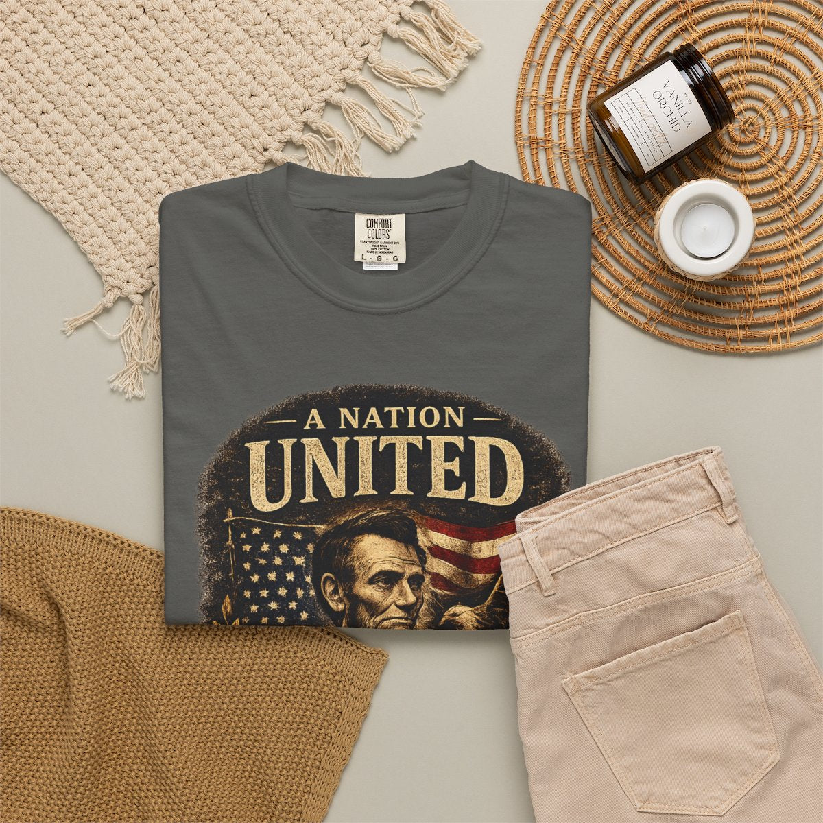 Vintage Lincoln Patriotic Shirt, A Nation United Tee, Abraham Lincoln Graphic T-Shirt, USA Flag Shirt, American History Tee, Civil War Shirt - Pepper product photo | MR7ART