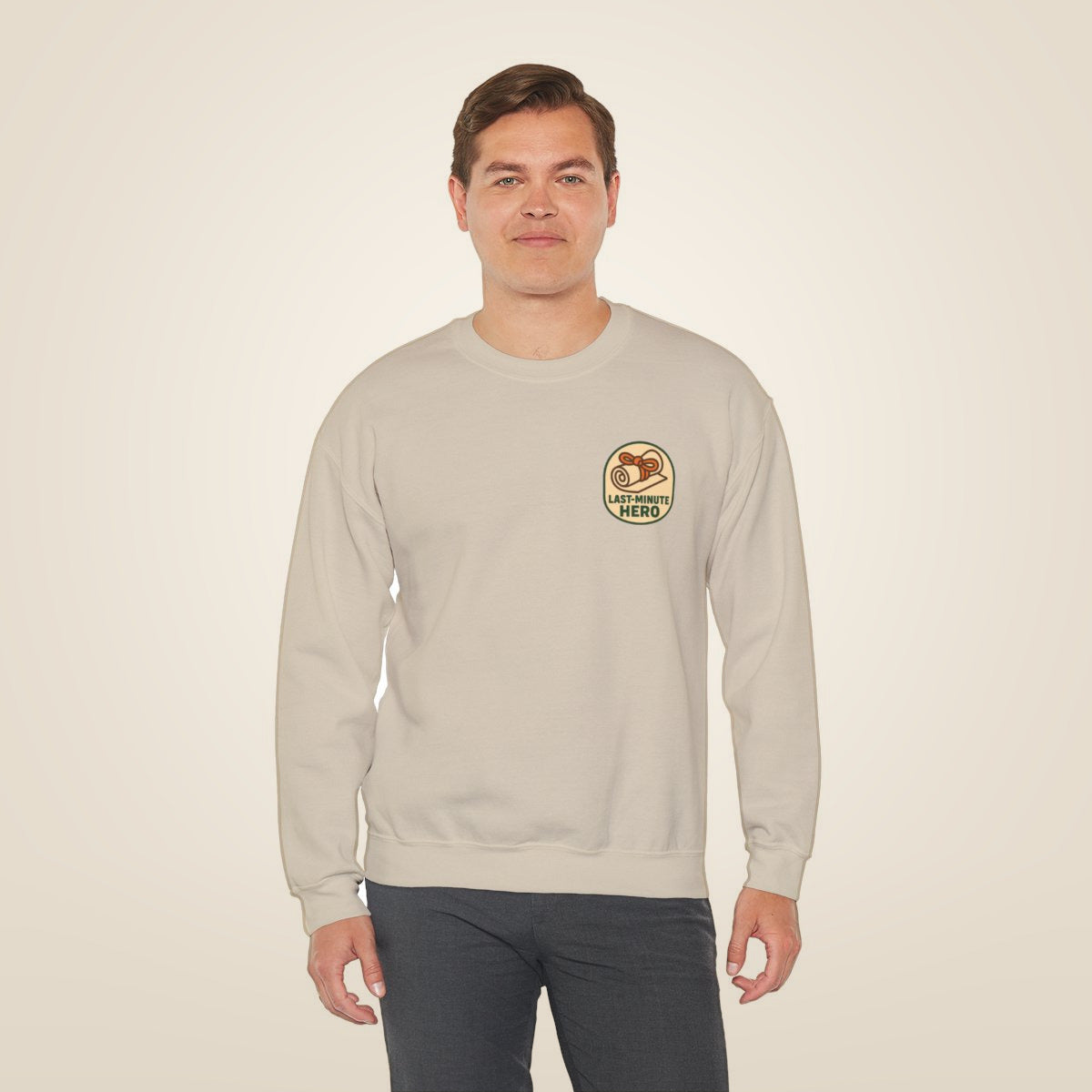 Last-Minute Gift Sweatshirt - Sand worn by a model | MR7ART