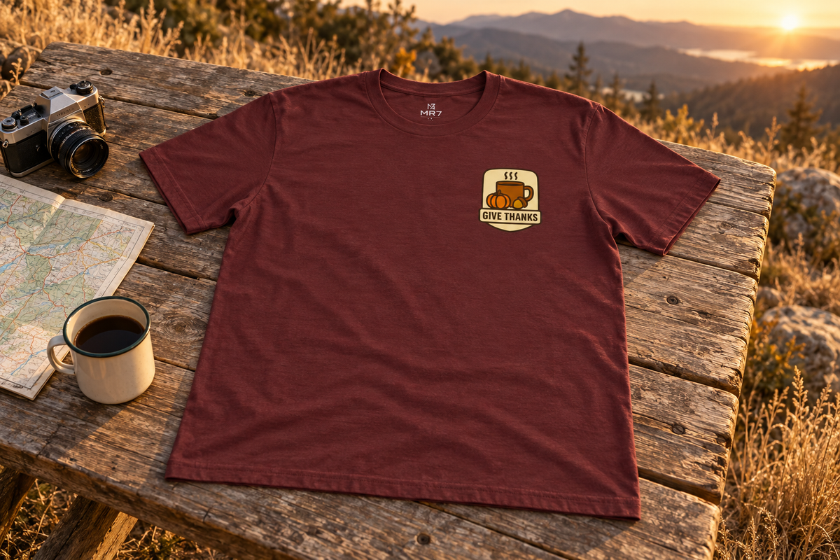Thanksgiving Tee t-shirt on a rustic wooden table outdoors