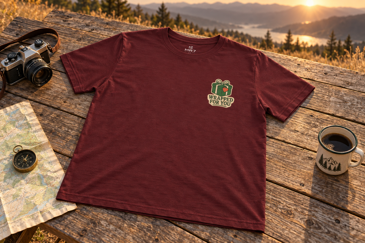 Holiday Gift Tee t-shirt on a rustic wooden table outdoors