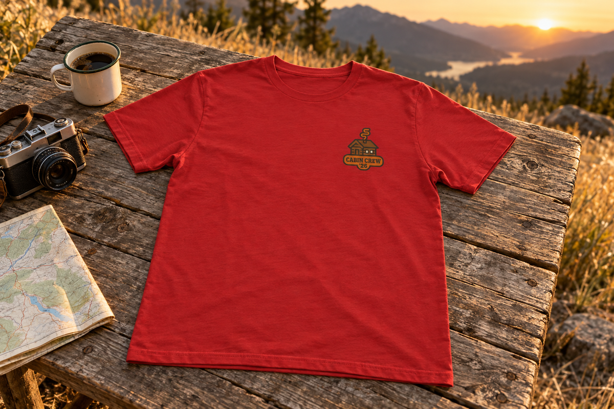 Matching Cabin Crew Tee t-shirt on a rustic wooden table outdoors