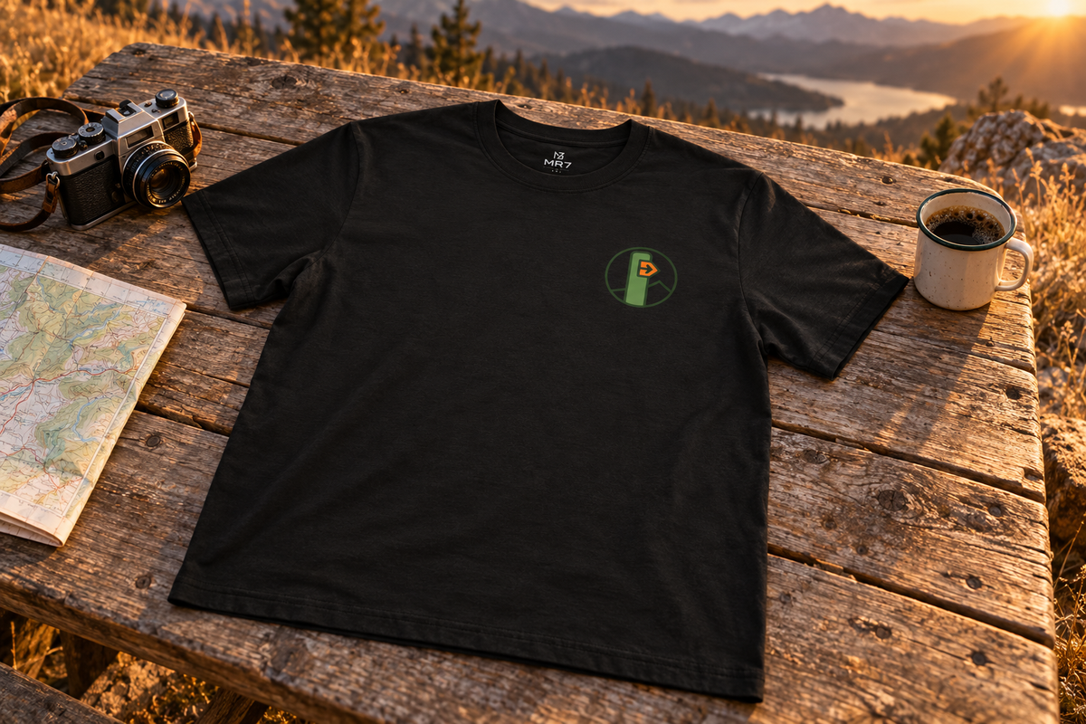 Hiking Tee t-shirt on a rustic wooden table outdoors