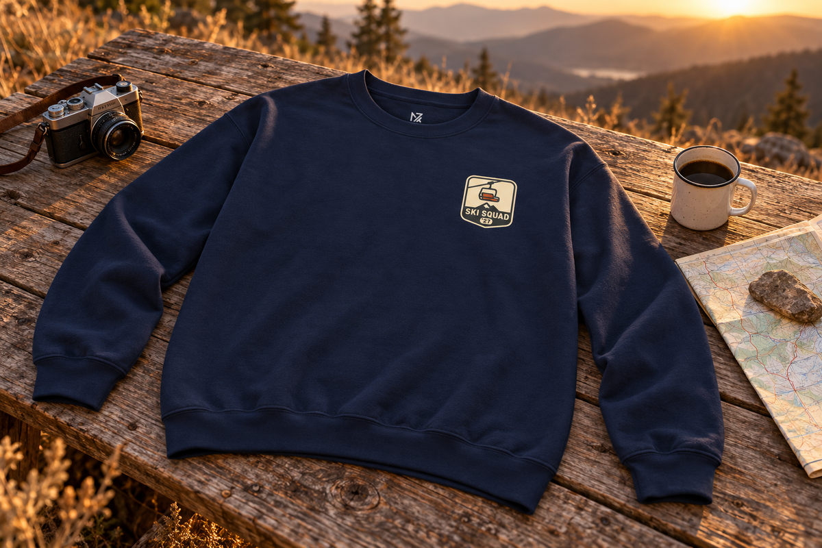 Ski Trip Sweatshirt crewneck sweatshirt on a rustic wooden table outdoors