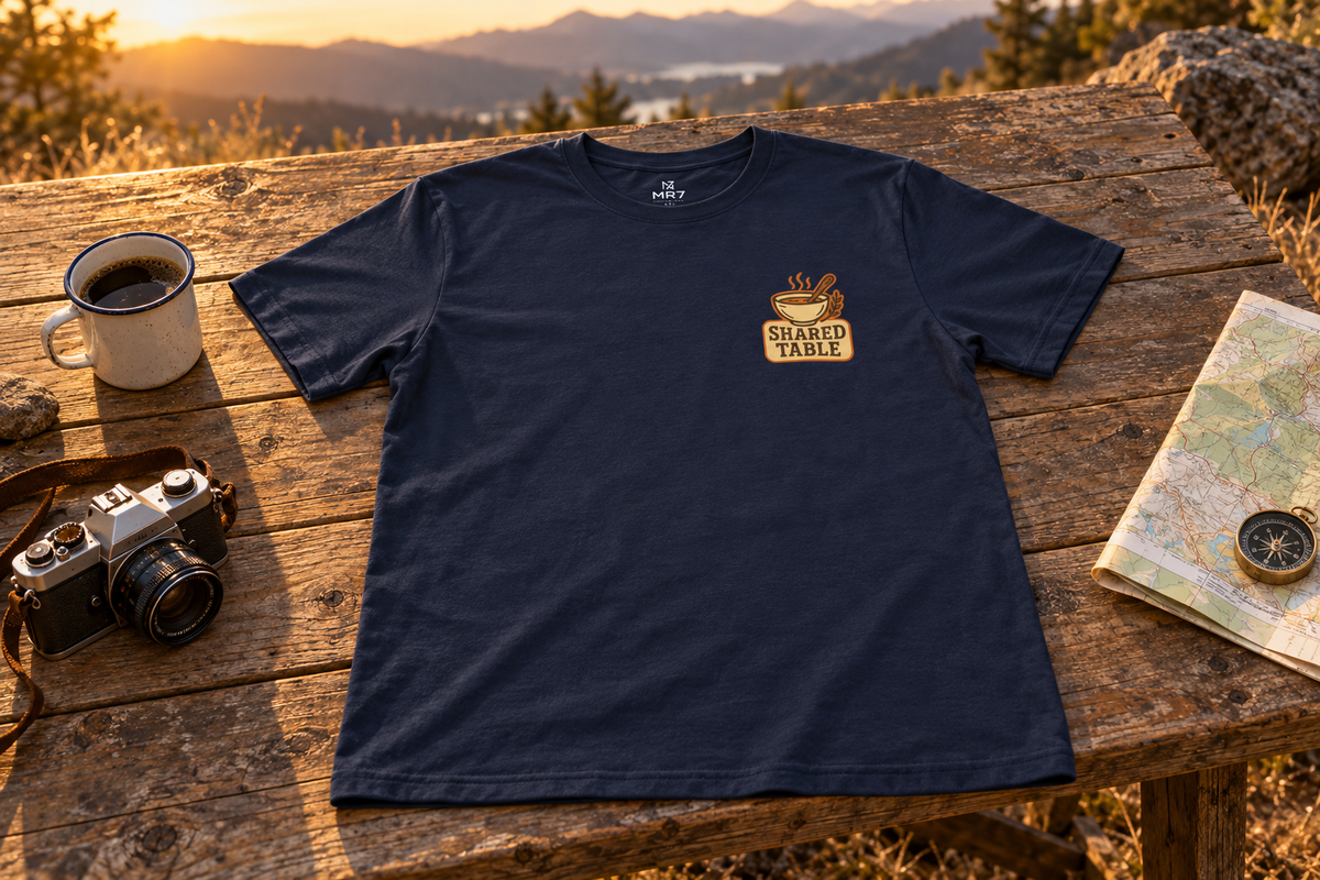 Friendsgiving Tee t-shirt on a rustic wooden table outdoors