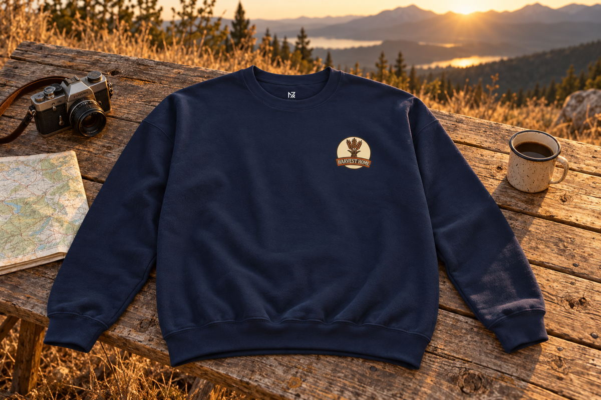 Thanksgiving Sweatshirt crewneck sweatshirt on a rustic wooden table outdoors