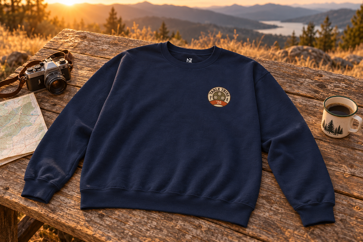 Family Reunion Sweatshirt crewneck sweatshirt on a rustic wooden table outdoors