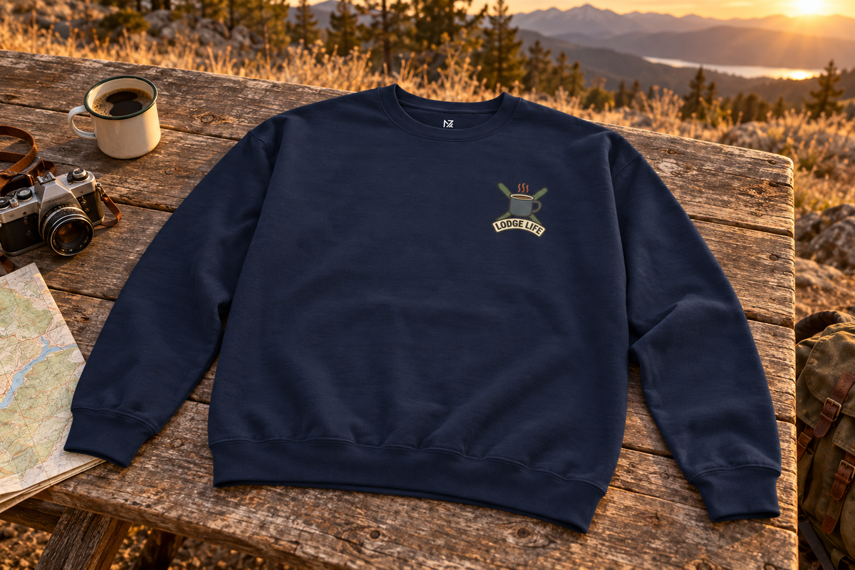 Ski Lodge Sweatshirt crewneck sweatshirt on a rustic wooden table outdoors