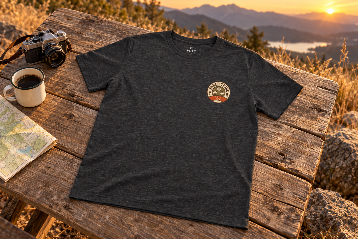 Family Reunion Tee t-shirt on a rustic wooden table outdoors