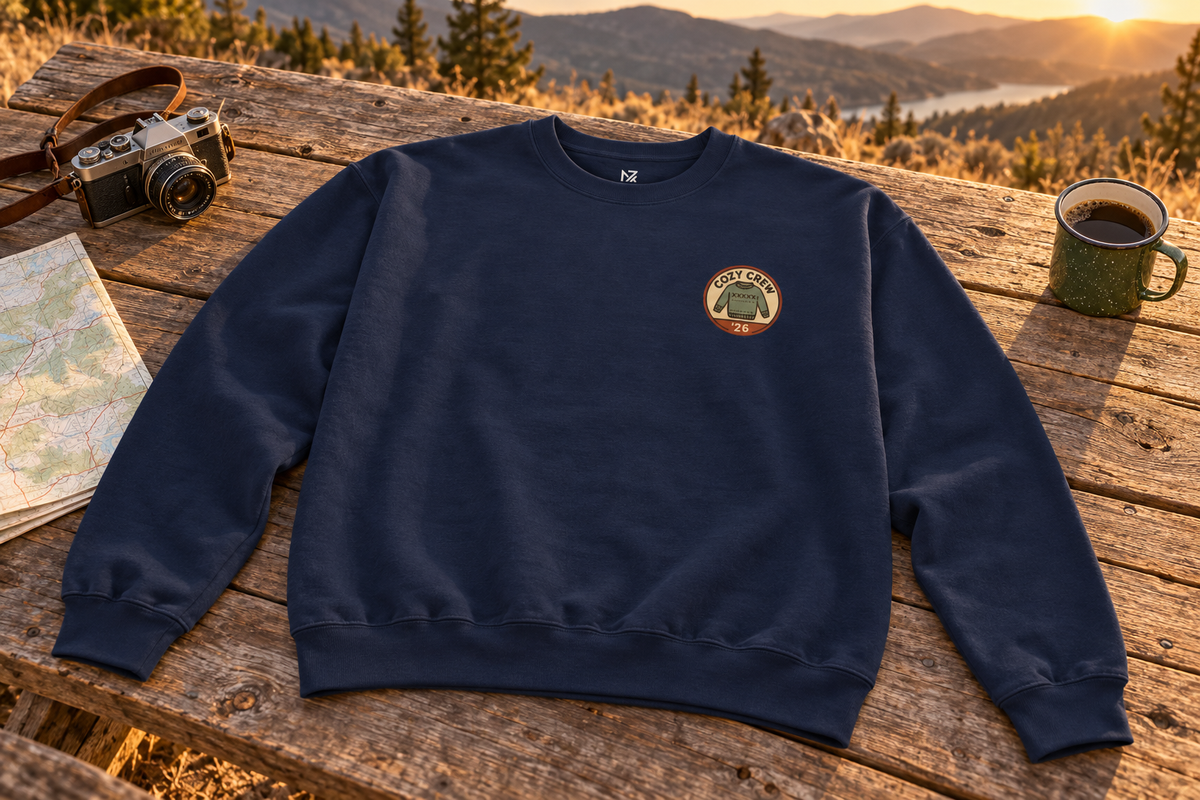 Matching Family Christmas Sweatshirt crewneck sweatshirt on a rustic wooden table outdoors