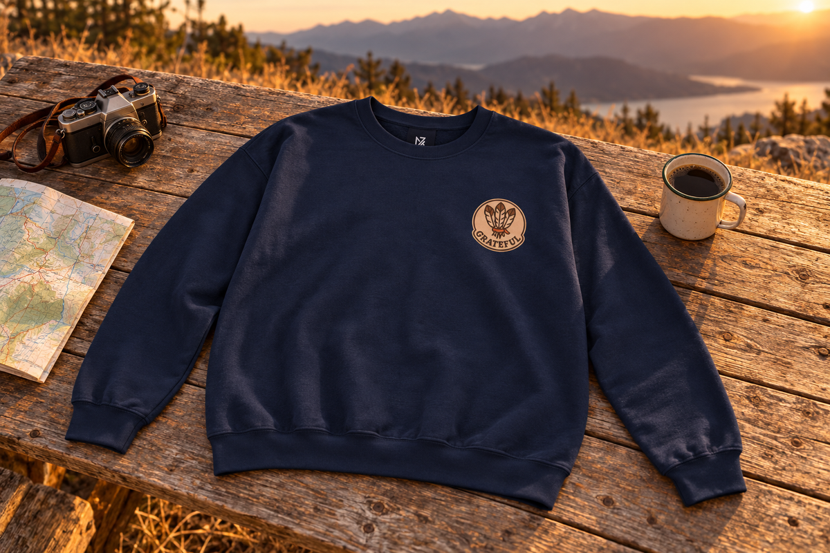 Thanksgiving Hostess Gift Sweatshirt crewneck sweatshirt on a rustic wooden table outdoors
