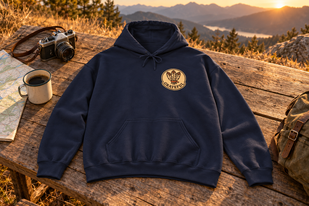 Thanksgiving Hostess Gift Hoodie hooded sweatshirt on a rustic wooden table outdoors