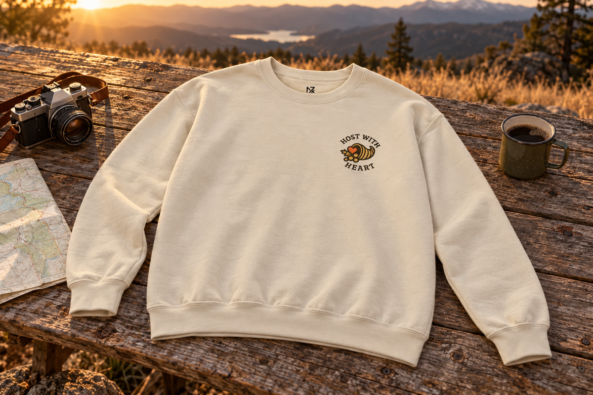 Thanksgiving Host Gift Sweatshirt crewneck sweatshirt on a rustic wooden table outdoors