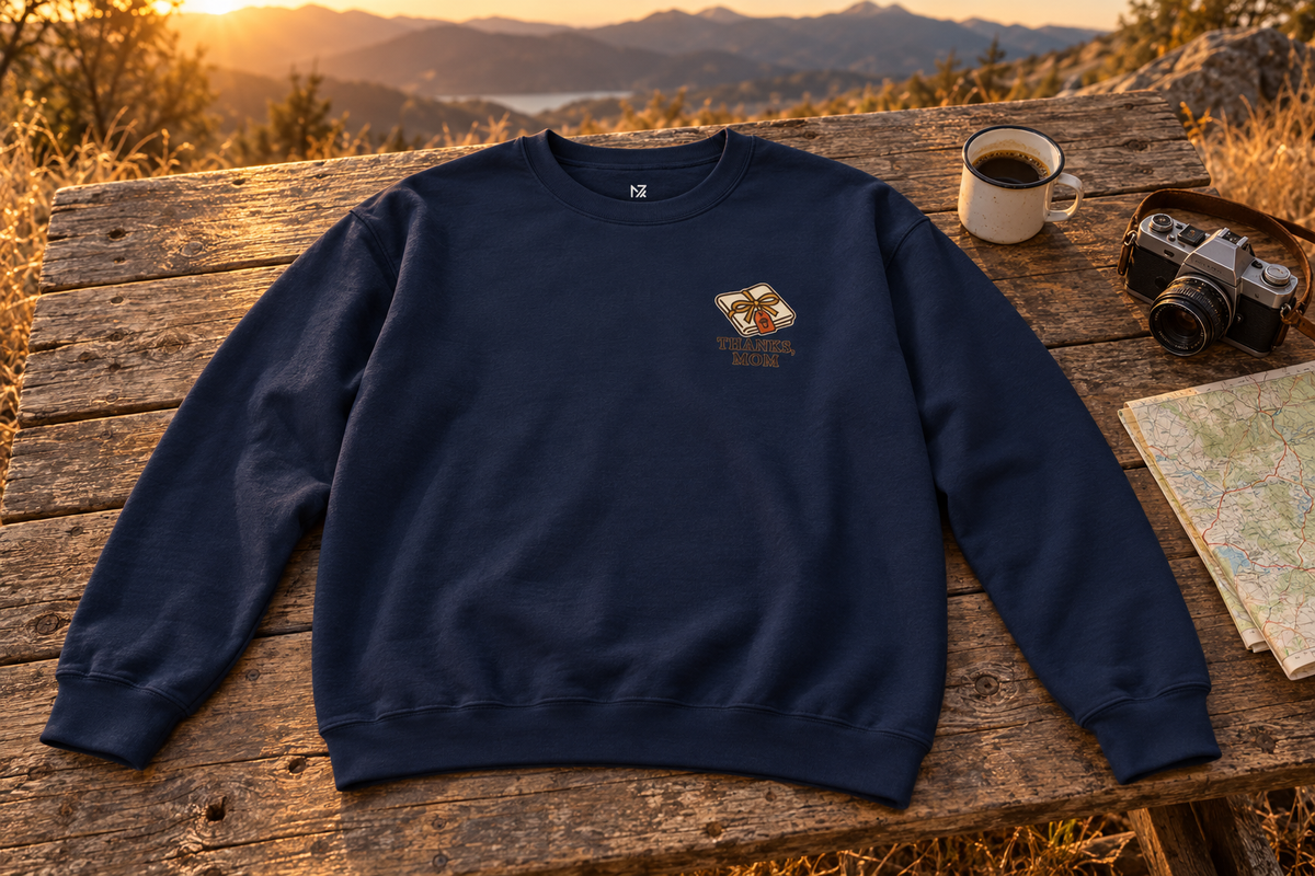 Thanks Mom Thanksgiving Sweatshirt crewneck sweatshirt on a rustic wooden table outdoors