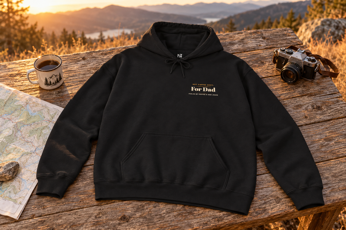 Dad Gift Hoodie hooded sweatshirt on a rustic wooden table outdoors