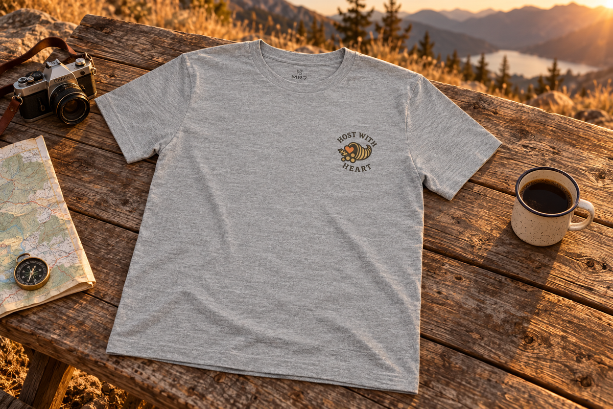 Thanksgiving Host Gift Tee t-shirt on a rustic wooden table outdoors