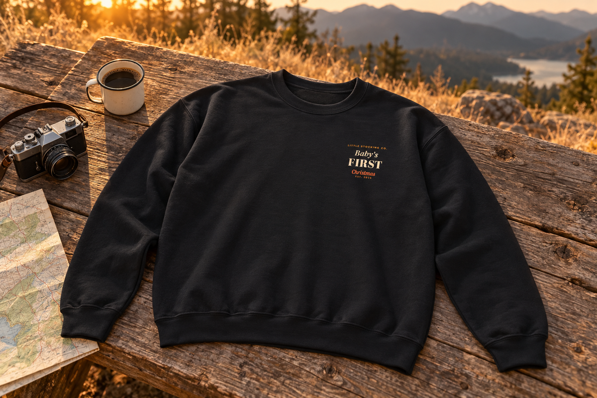 Baby's First Christmas Sweatshirt crewneck sweatshirt on a rustic wooden table outdoors
