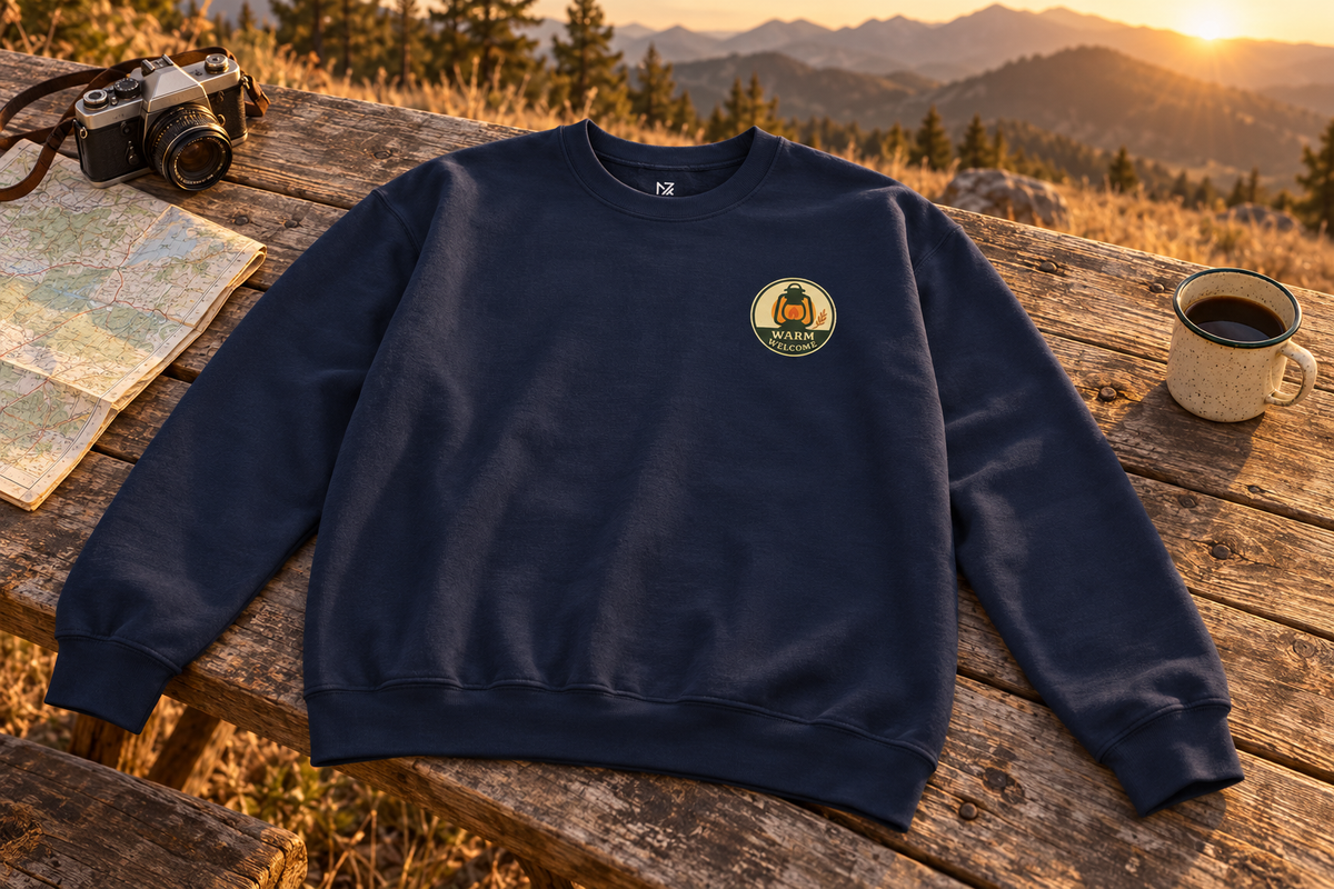 Thanksgiving Host Gift Sweatshirt crewneck sweatshirt on a rustic wooden table outdoors