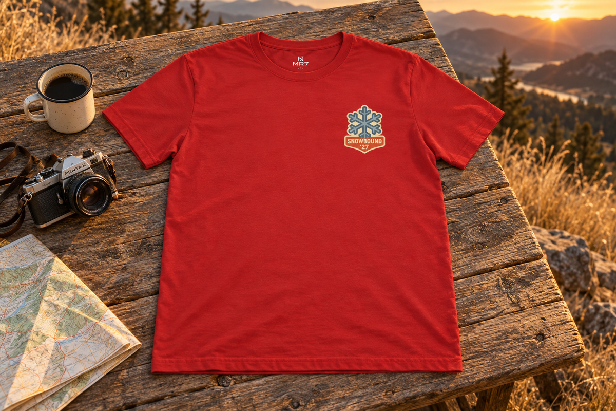 Matching Ski Trip Tee t-shirt on a rustic wooden table outdoors