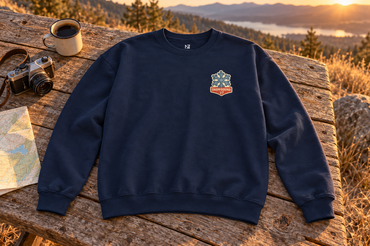 Matching Ski Trip Sweatshirt crewneck sweatshirt on a rustic wooden table outdoors