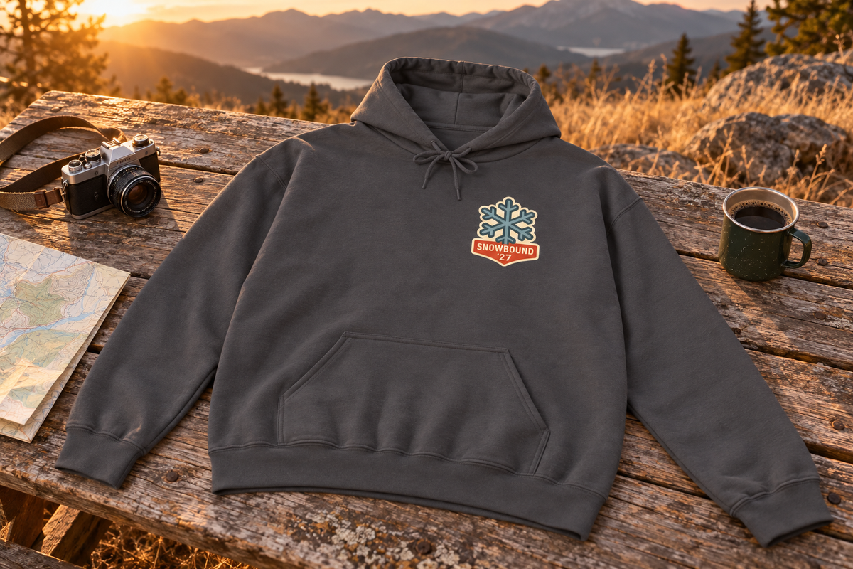 Matching Ski Trip Hoodie hooded sweatshirt on a rustic wooden table outdoors