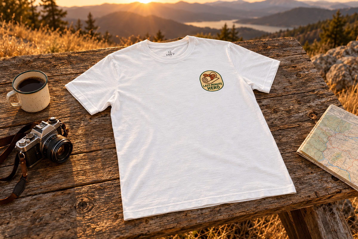 Last-Minute Gift Tee t-shirt on a rustic wooden table outdoors