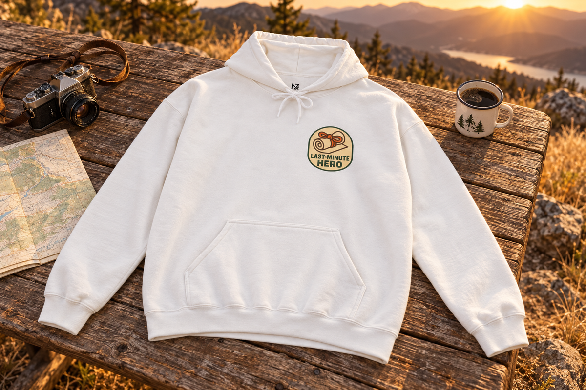 Last-Minute Gift Hoodie hooded sweatshirt on a rustic wooden table outdoors
