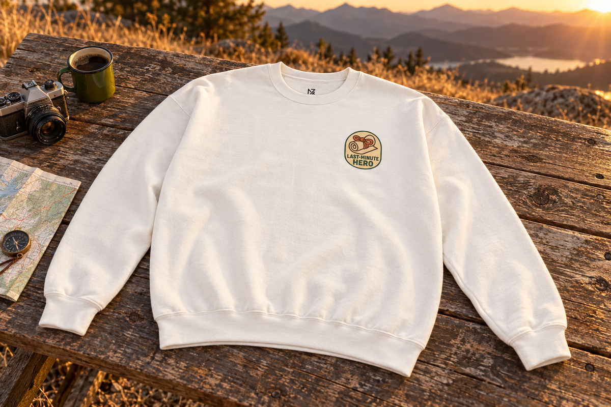 Last-Minute Gift Sweatshirt crewneck sweatshirt on a rustic wooden table outdoors