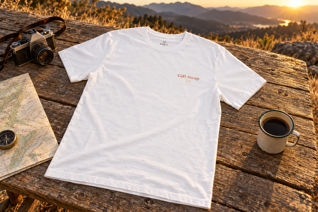 Secret Santa Tee t-shirt on a rustic wooden table outdoors