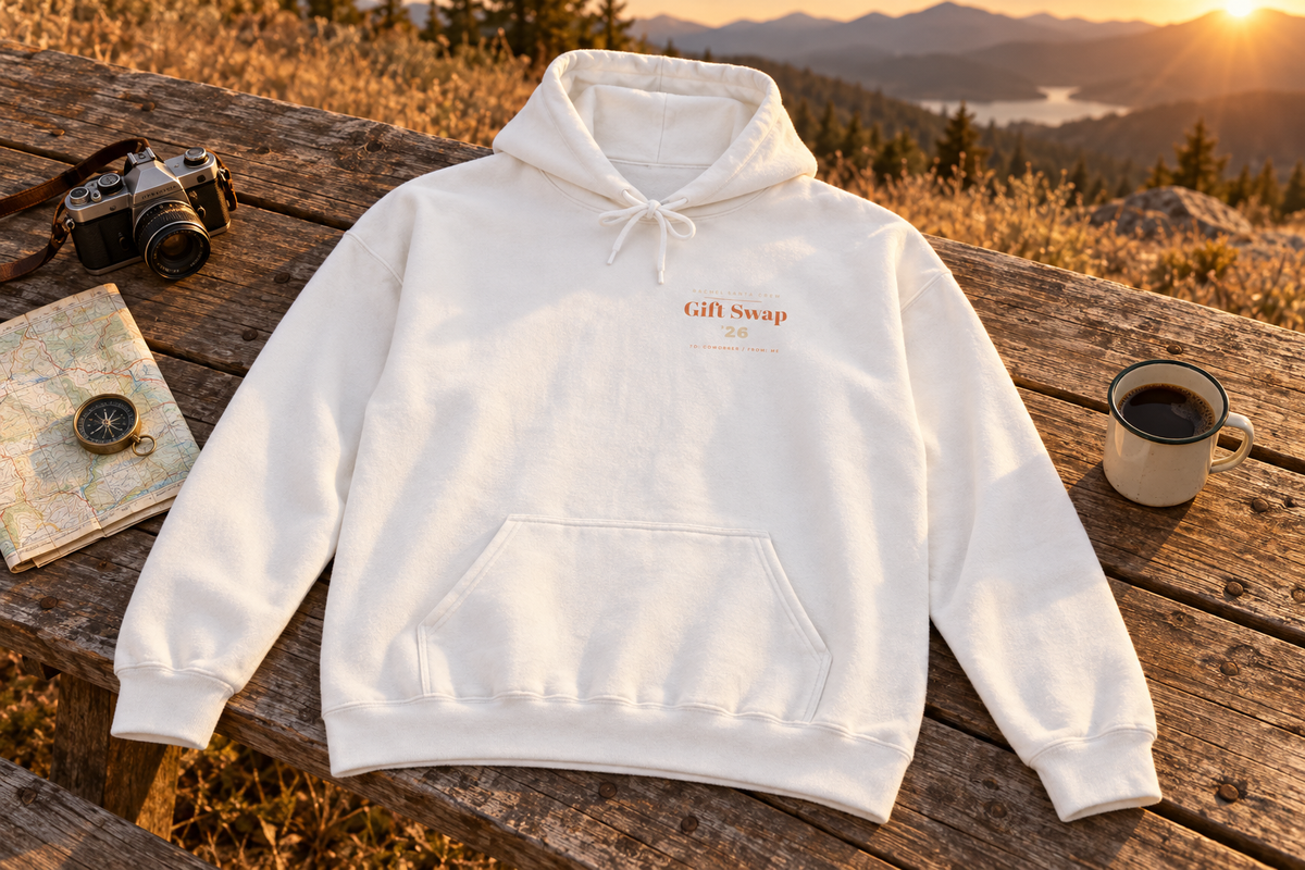 Secret Santa Hoodie hooded sweatshirt on a rustic wooden table outdoors