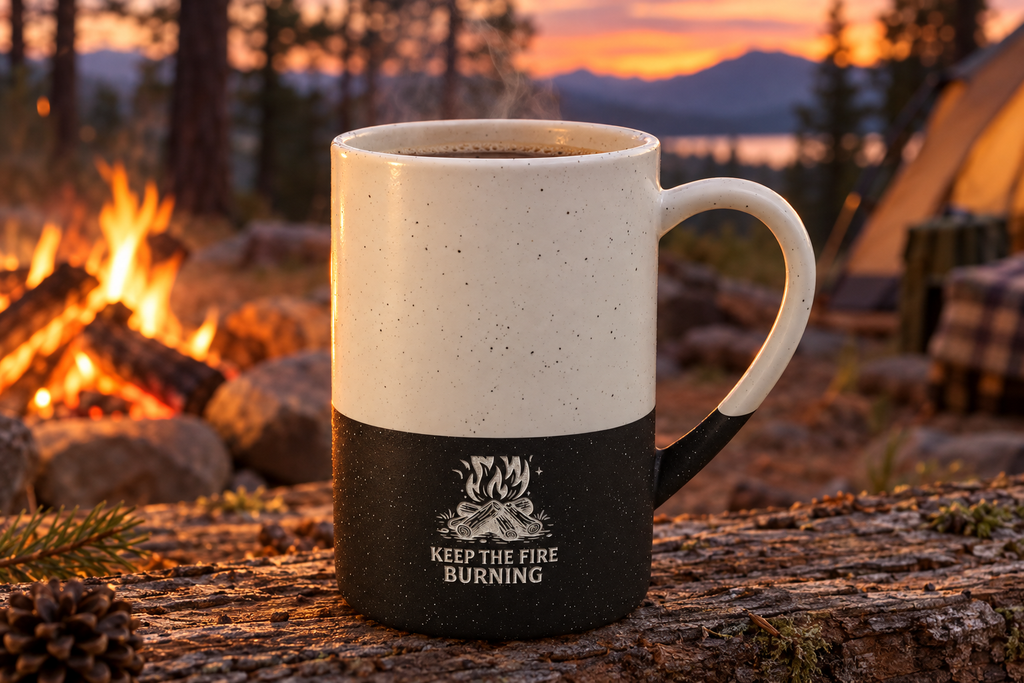 Keep the Fire Burning engraved speckled mug on a log next to a campfire