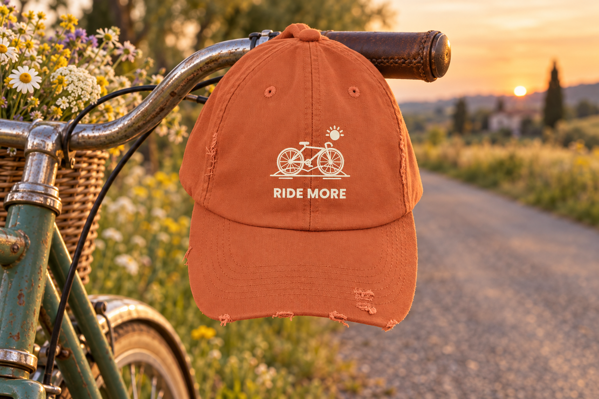 Ride More Distressed Cap shown hanging on the handlebar of a vintage bicycle parked on a quiet countryside road lined with wildflowers