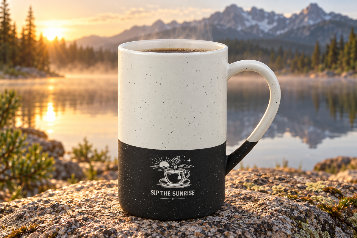 Sip the Sunrise engraved speckled mug on a rock by a mountain lake at sunrise