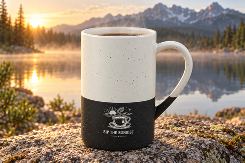 Sip the Sunrise engraved speckled mug on a rock by a mountain lake at sunrise