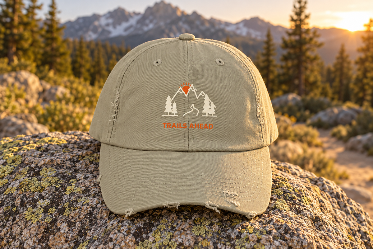 Trails Ahead Distressed Cap shown resting on a lichen-covered granite rock beside a mountain hiking trail