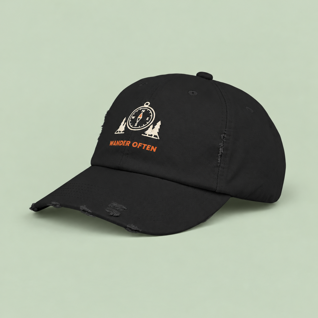 Wander Often Distressed Cap in Black