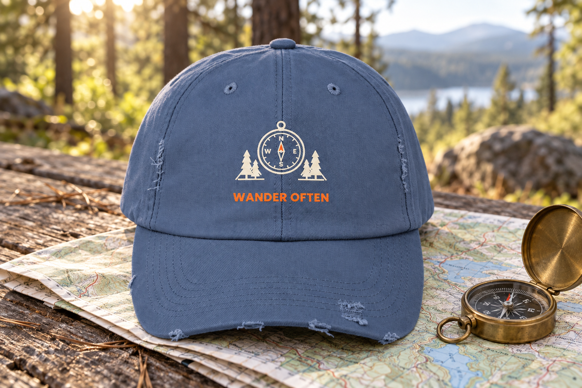 Wander Often Distressed Cap shown lying on a folded paper trail map with a brass compass next to it on a weathered wooden picnic table in a forest clearing